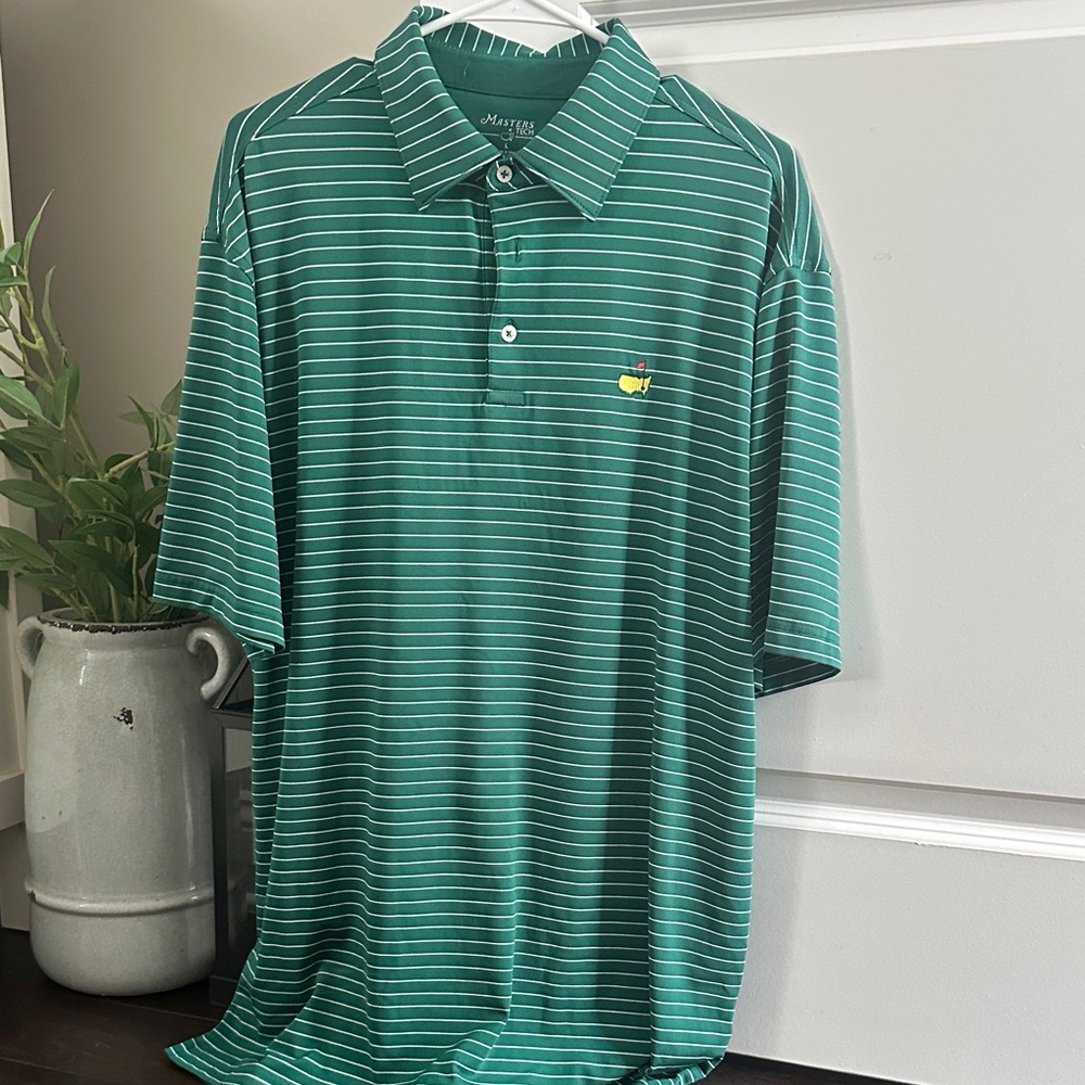 Masters L EUC Green and White Striped Polo with Yellow Logo